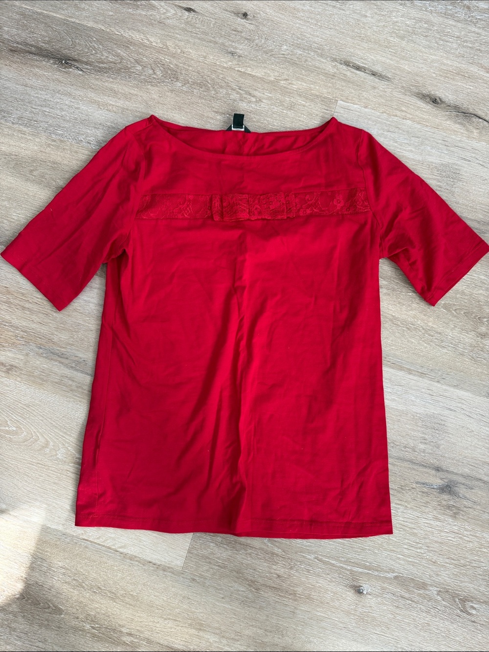 Ann Taylor Red Lace-Trim Short Sleeve Top